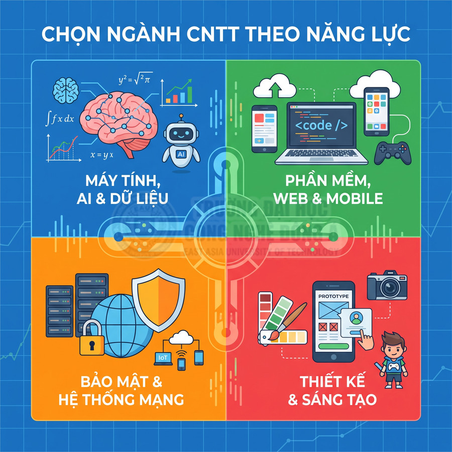 Infographic chọn ngành công nghệ thông tin theo năng lực gồm AI dữ liệu, phần mềm web mobile, bảo mật mạng, thiết kế sáng tạo