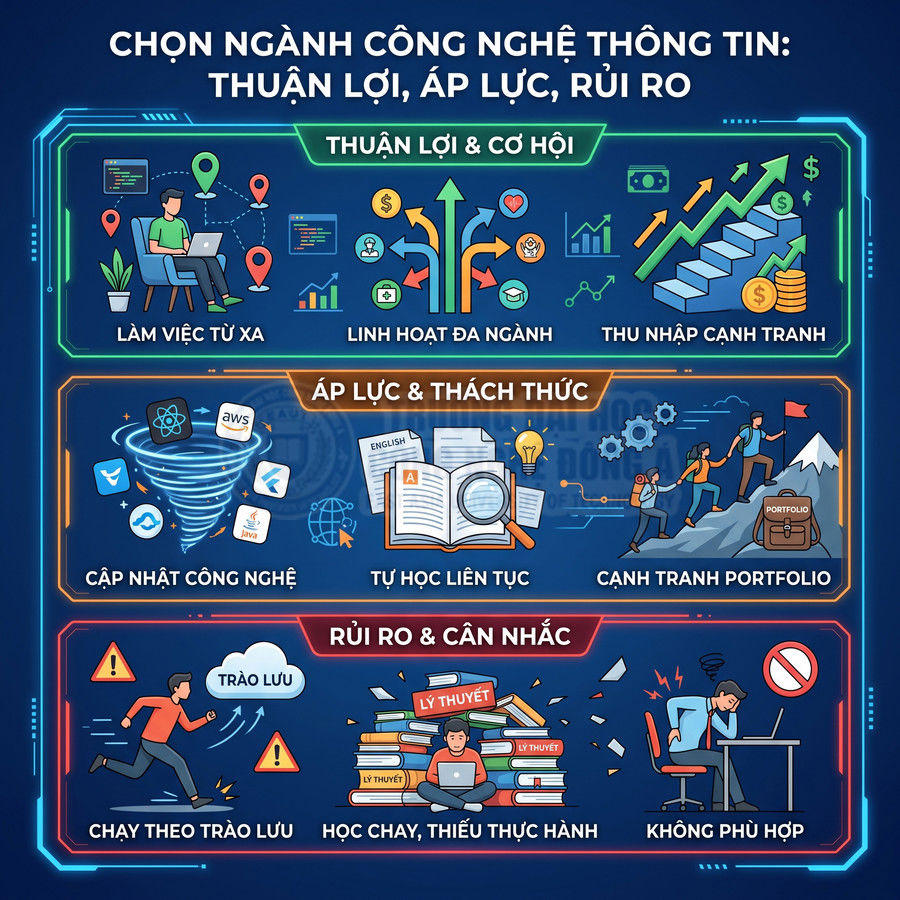 Infographic về ngành công nghệ thông tin với thuận lợi, áp lực và rủi ro khi chọn nghề IT