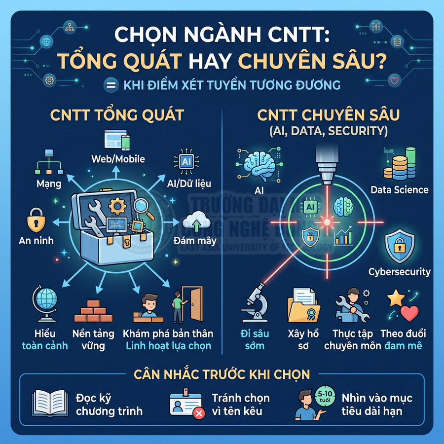 Infographic so sánh ngành CNTT tổng quát và CNTT chuyên sâu AI Data Security cùng lưu ý chọn ngành học