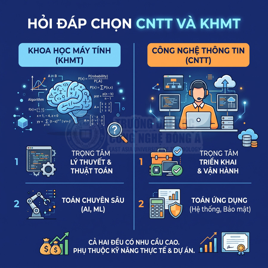 So sánh ngành khoa học máy tính và công nghệ thông tin với các biểu tượng minh họa nội dung học và cơ hội nghề nghiệp