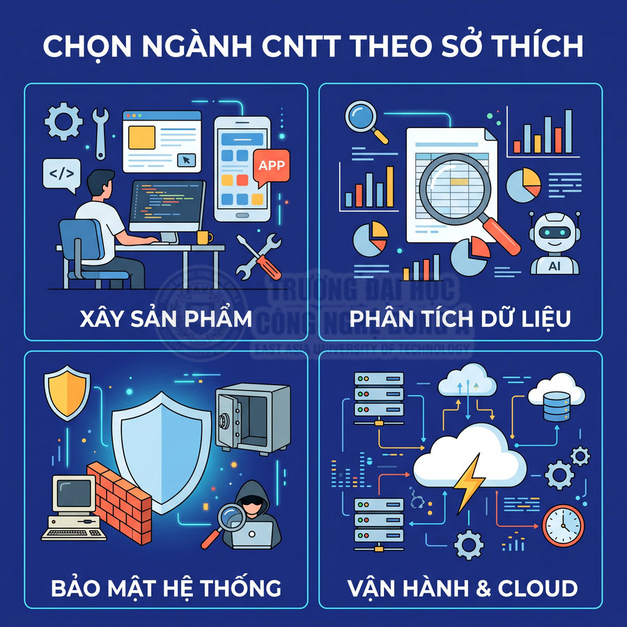 Poster giới thiệu các ngành học CNTT gồm xây sản phẩm, phân tích dữ liệu, bảo mật hệ thống, vận hành và cloud