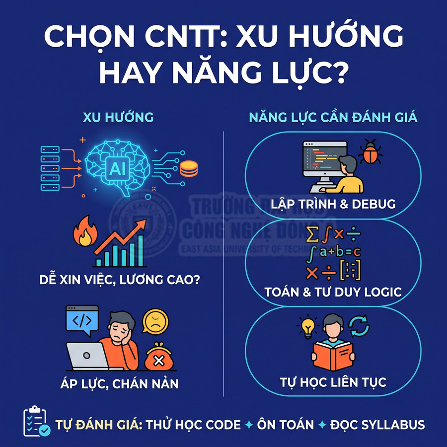 Infographic chọn ngành CNTT, so sánh xu hướng với năng lực lập trình, tư duy logic và tự học liên tục