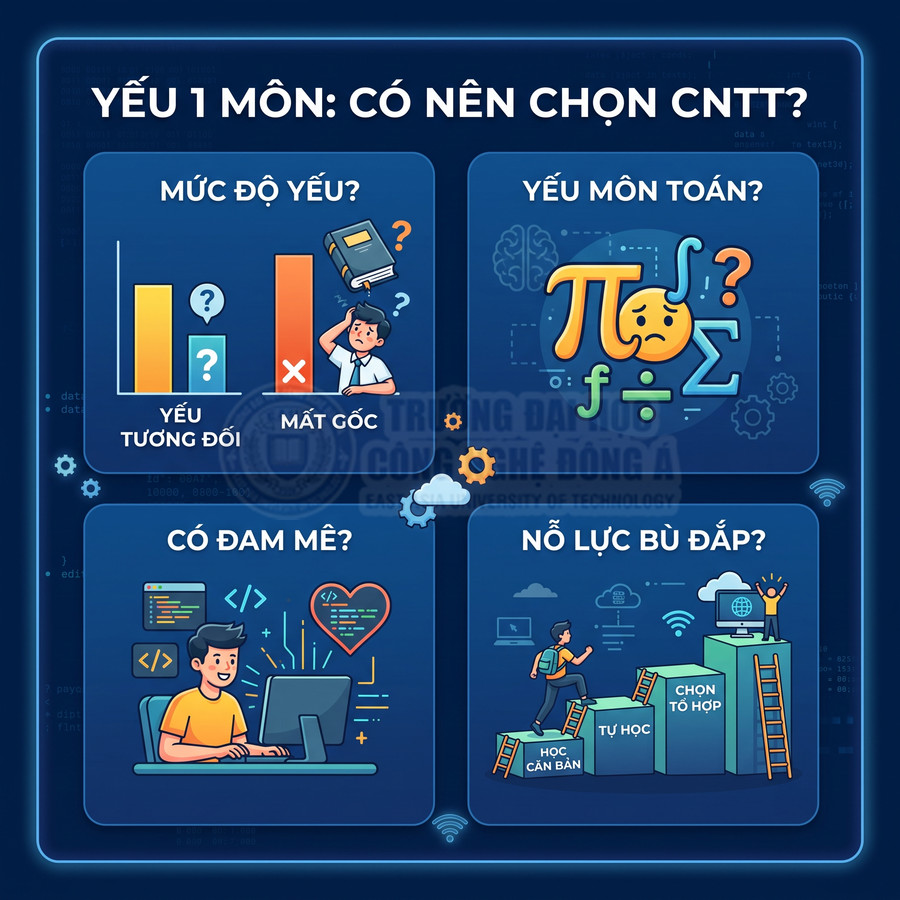 Infographic tư vấn chọn ngành công nghệ thông tin cho học sinh yếu một môn, nhấn mạnh đam mê và nỗ lực bù đắp