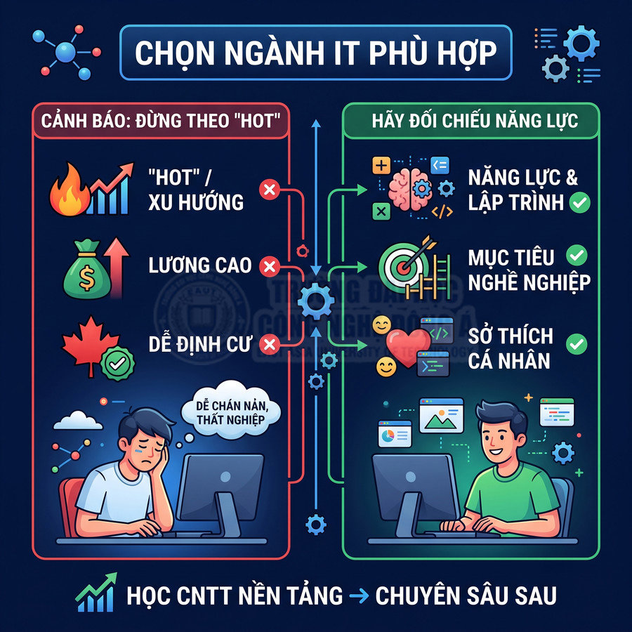 Infographic chọn ngành IT phù hợp, so sánh chạy theo xu hướng với đối chiếu năng lực và mục tiêu nghề nghiệp