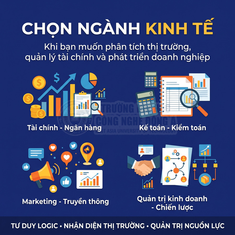 Các lĩnh vực ngành kinh tế gồm tài chính ngân hàng, kế toán kiểm toán, marketing truyền thông và quản trị kinh doanh
