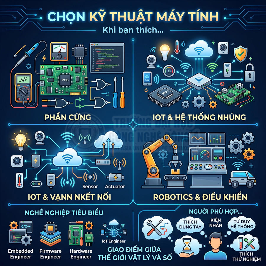 Poster giới thiệu ngành kỹ thuật máy tính với phần cứng, IoT, hệ thống nhúng, robotics và nghề nghiệp tiêu biểu