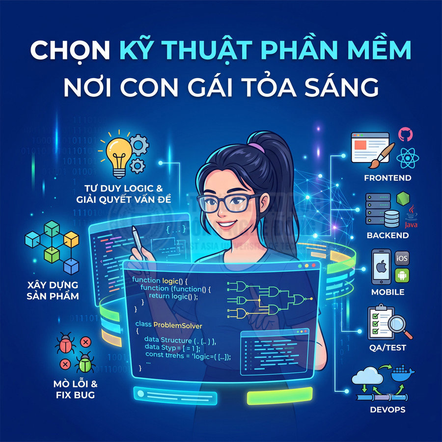 Cô gái lập trình viên đang làm việc với màn hình mã nguồn, minh họa các lĩnh vực kỹ thuật phần mềm cho nữ giới