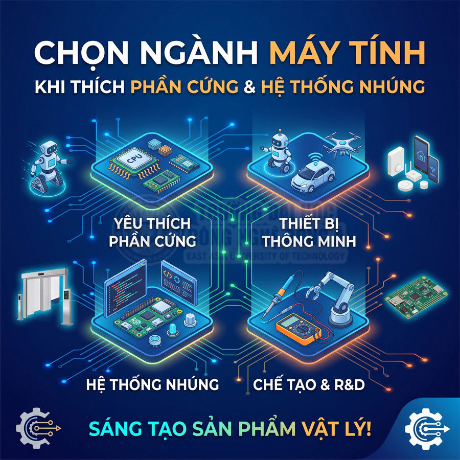 Poster giới thiệu ngành máy tính, phần cứng và hệ thống nhúng với hình minh họa robot, mạch điện, thiết bị thông minh