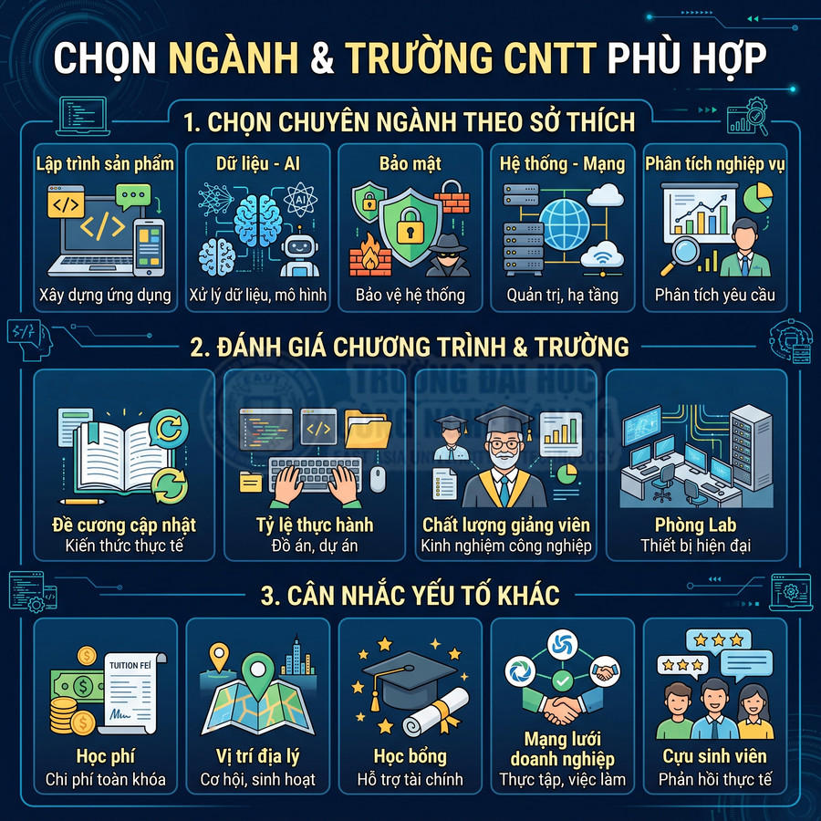 Infographic hướng dẫn chọn ngành và trường công nghệ thông tin phù hợp với sở thích và mục tiêu học tập