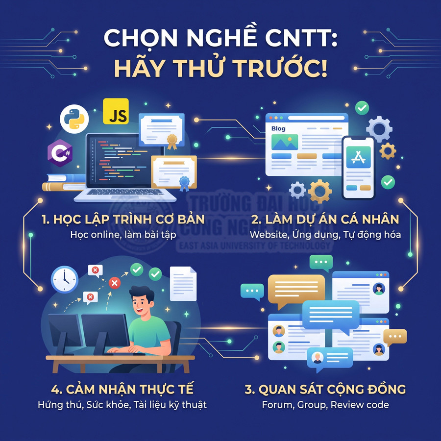 Hướng dẫn chọn nghề CNTT với các bước học lập trình cơ bản, làm dự án cá nhân, quan sát cộng đồng, trải nghiệm thực tế