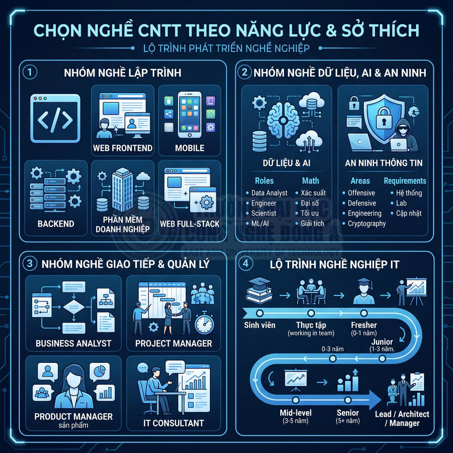 Infographic lộ trình nghề nghiệp IT, các nhóm nghề lập trình, dữ liệu AI, an ninh mạng, quản lý và tư vấn