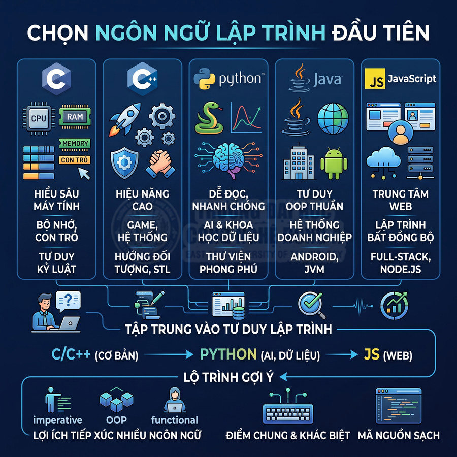 So sánh ưu nhược điểm C C++ Python Java JavaScript để chọn ngôn ngữ lập trình đầu tiên cho người mới học