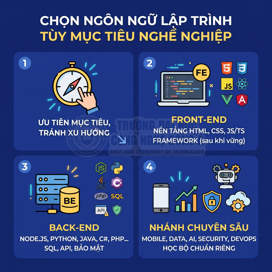 Infographic hướng dẫn chọn ngôn ngữ lập trình theo mục tiêu nghề nghiệp front end back end và các nhánh chuyên sâu