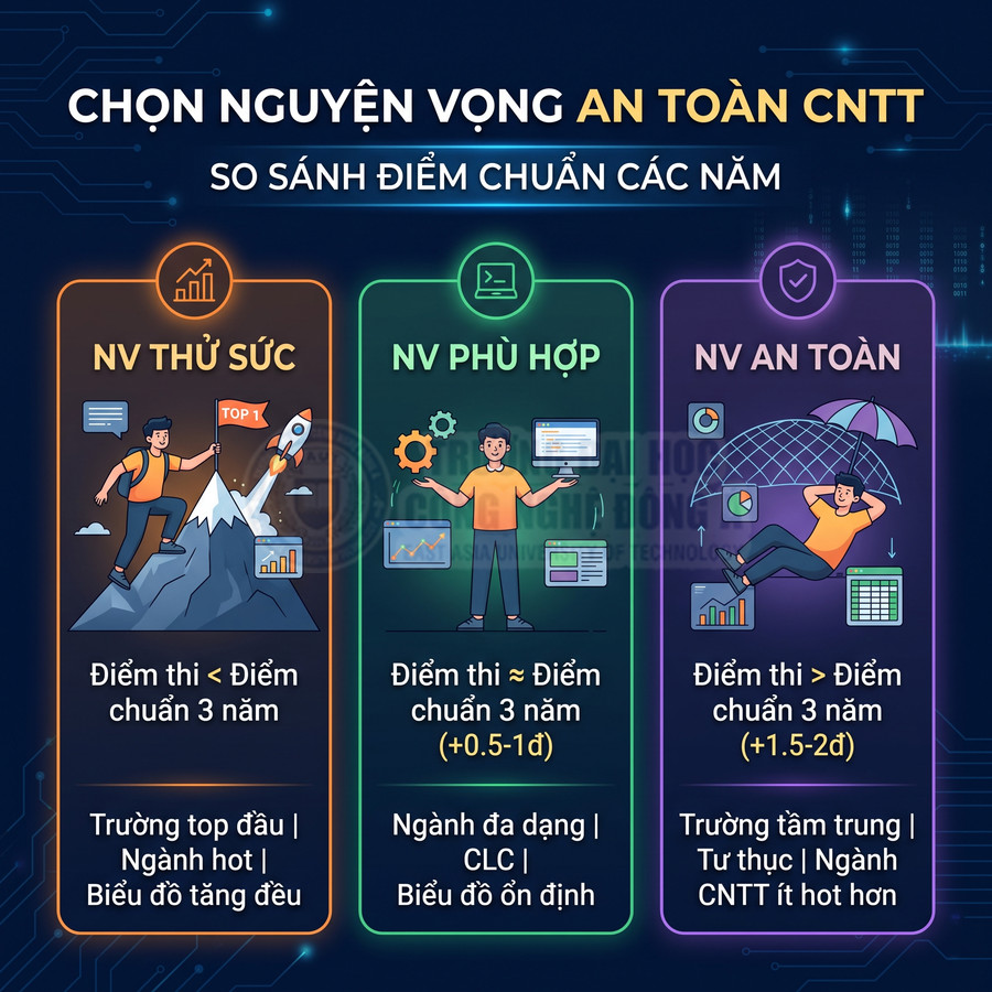 Infographic chọn nguyện vọng an toàn ngành CNTT với ba nhóm NV thử sức, NV phù hợp và NV an toàn