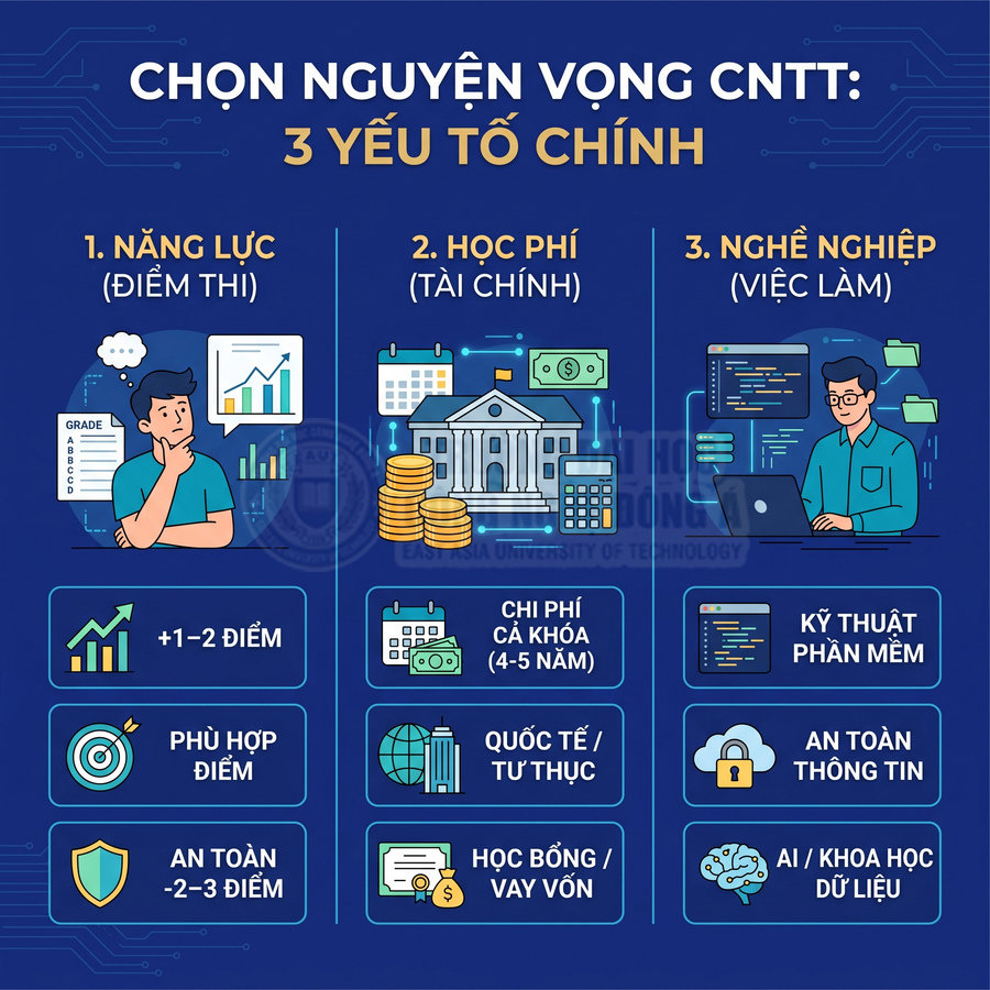 Infographic chọn nguyện vọng ngành CNTT với 3 yếu tố chính: năng lực, học phí và định hướng nghề nghiệp