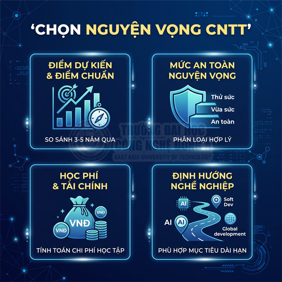 Infographic chọn nguyện vọng CNTT với tiêu chí điểm chuẩn, mức an toàn, học phí tài chính và định hướng nghề nghiệp