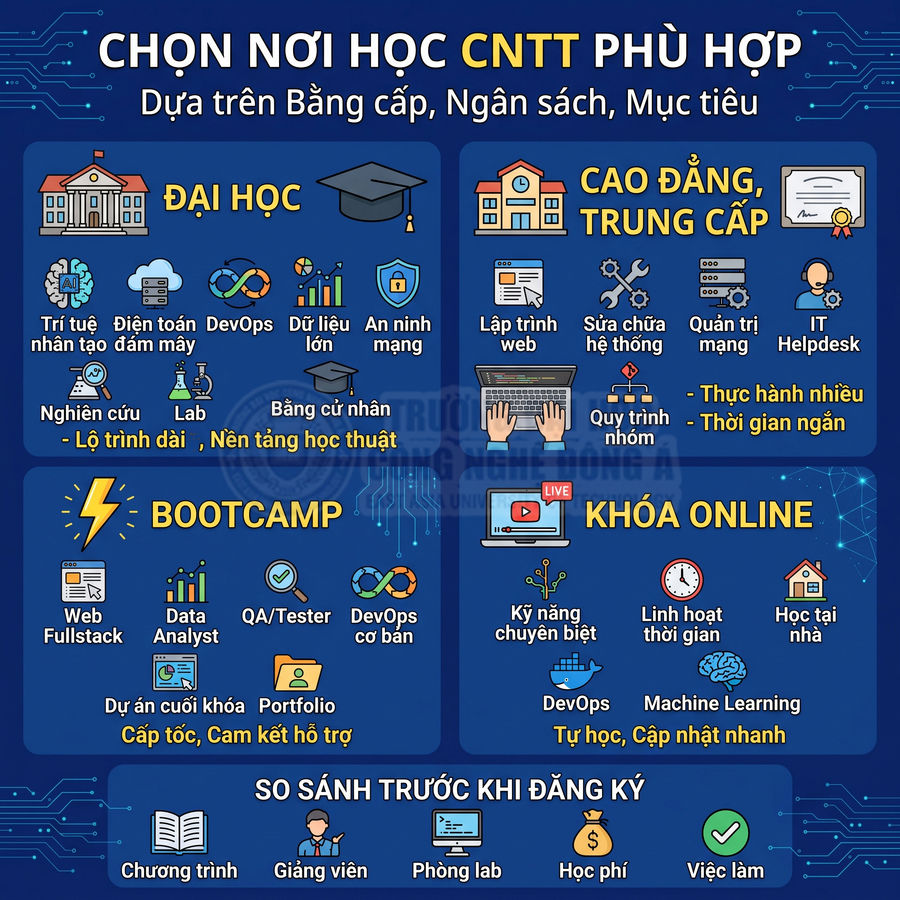 Infographic so sánh các lựa chọn học CNTT: đại học, cao đẳng trung cấp, bootcamp và khóa học online