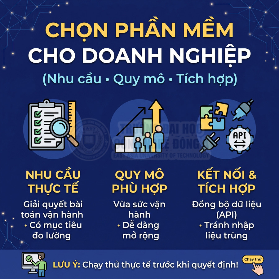 Hình hướng dẫn chọn phần mềm doanh nghiệp theo nhu cầu thực tế, quy mô phù hợp và khả năng kết nối tích hợp API