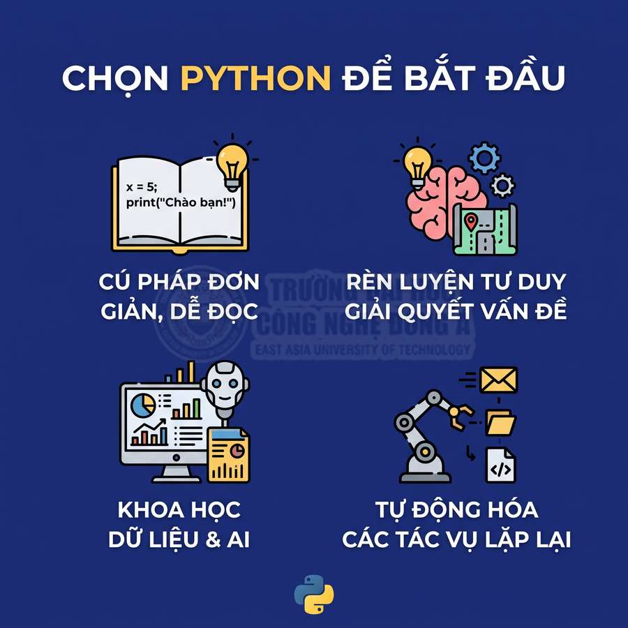Lý do nên chọn ngôn ngữ lập trình Python: cú pháp đơn giản, khoa học dữ liệu, AI và tự động hóa