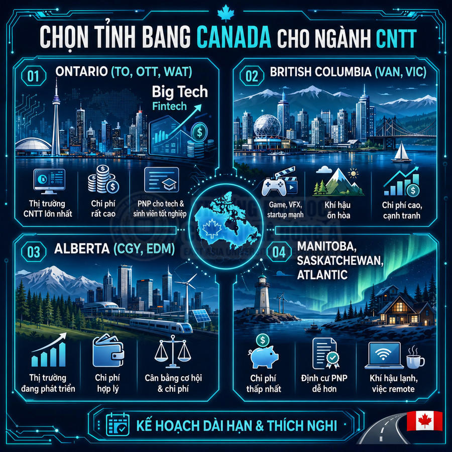 Infographic so sánh các tỉnh bang Canada phù hợp cho ngành công nghệ thông tin và kế hoạch định cư dài hạn