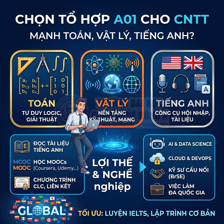 Infographic tổ hợp A01 cho ngành CNTT, lợi thế Toán Lý Tiếng Anh và cơ hội nghề nghiệp AI, DevOps, kỹ sư cầu nối