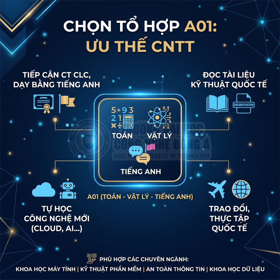 Poster giới thiệu tổ hợp A01 Toán Lý Anh với ưu thế cho ngành công nghệ thông tin và các chuyên ngành liên quan