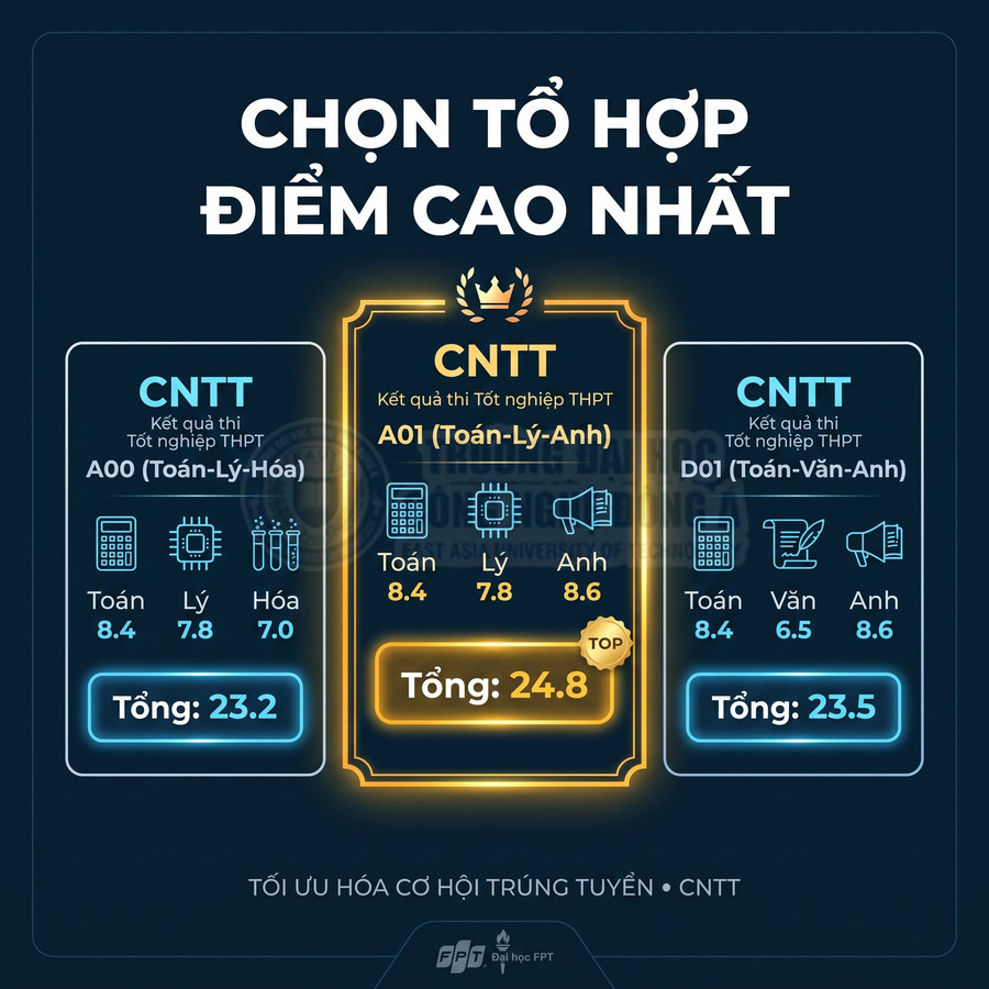 Infographic tổ hợp xét tuyển CNTT Đại học FPT so sánh điểm A00 A01 D01 và gợi ý chọn tổ hợp điểm cao nhất