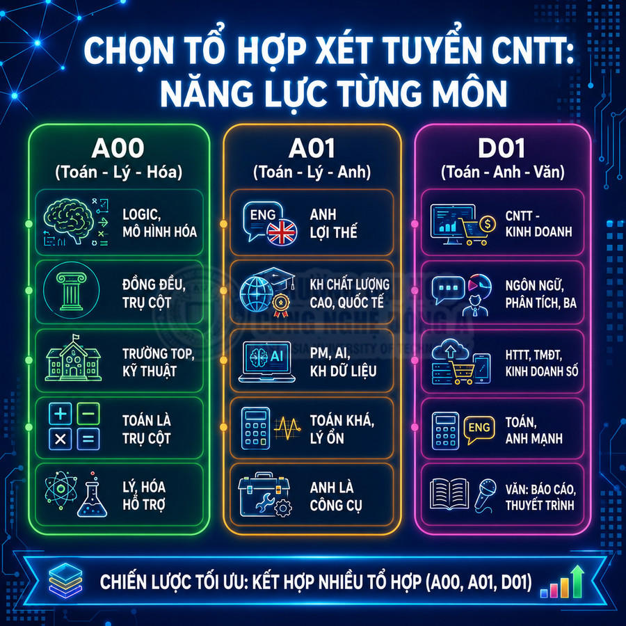 Infographic chọn tổ hợp xét tuyển CNTT A00 A01 D01 và năng lực từng môn kèm chiến lược kết hợp nhiều tổ hợp