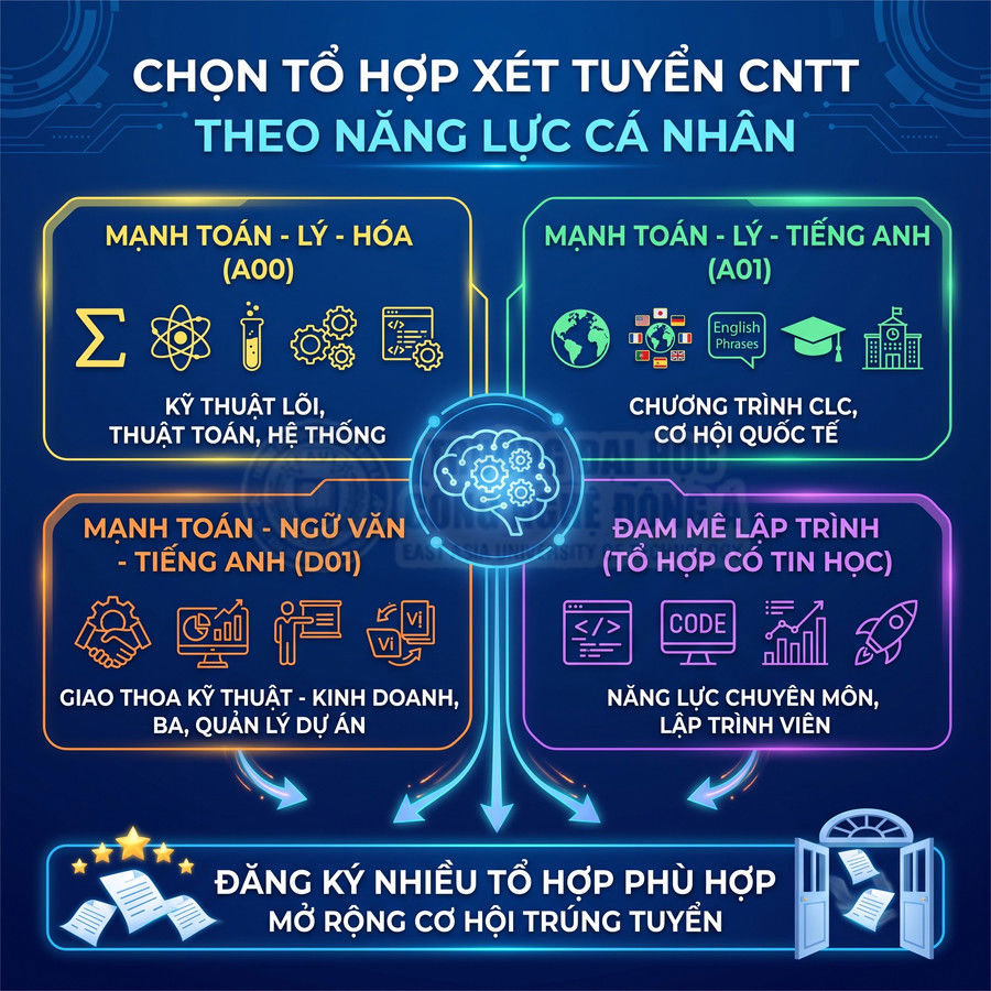 Infographic tư vấn chọn tổ hợp xét tuyển ngành công nghệ thông tin theo năng lực cá nhân