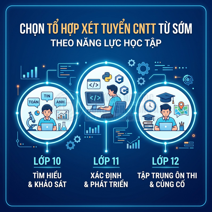 Lộ trình chọn tổ hợp xét tuyển CNTT từ lớp 10 đến 12 với học sinh học laptop, lập trình và ôn thi