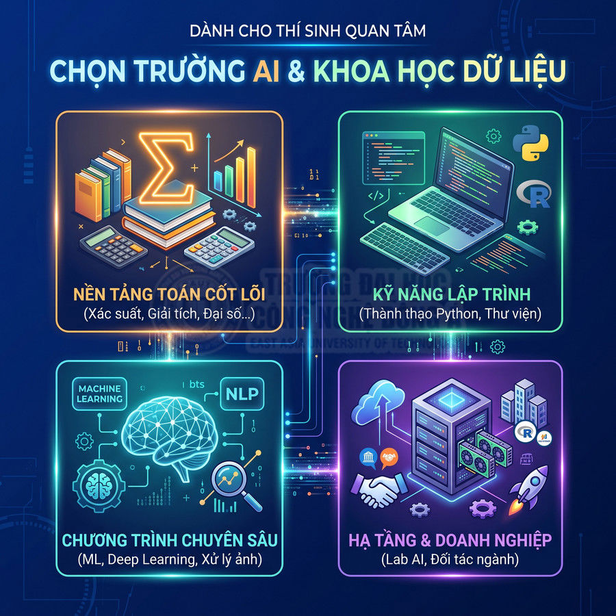 Infographic giới thiệu các khối kiến thức AI và khoa học dữ liệu: toán cốt lõi, lập trình Python, machine learning và hạ tầng doanh nghiệp