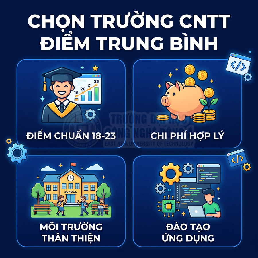 Infographic chọn trường CNTT điểm trung bình với tiêu chí điểm chuẩn 18 23 chi phí hợp lý môi trường thân thiện đào tạo ứng dụng