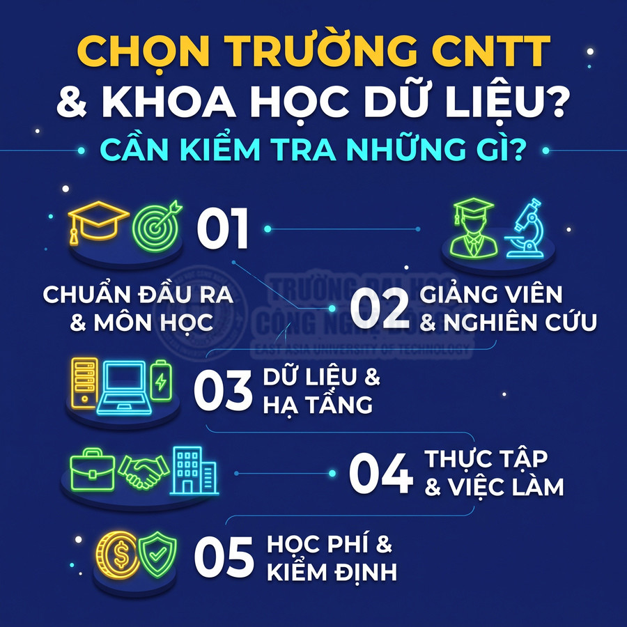 Các tiêu chí chọn trường Công nghệ thông tin và Khoa học dữ liệu gồm chuẩn đầu ra, giảng viên, hạ tầng, việc làm và học phí Alexa?