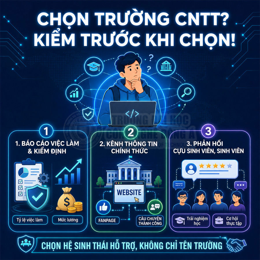Infographic chọn trường công nghệ thông tin với các tiêu chí việc làm, kênh thông tin chính thức và phản hồi sinh viên