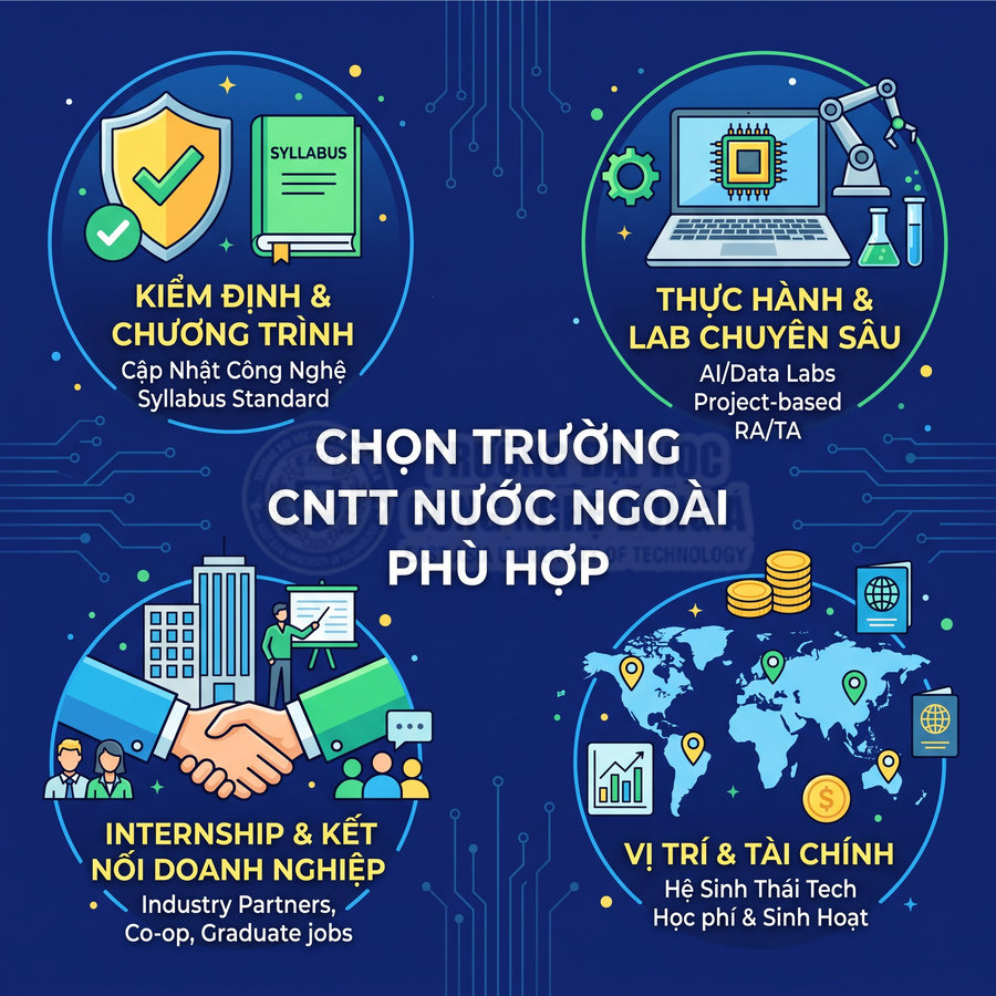Tiêu chí chọn trường CNTT nước ngoài: kiểm định chương trình, lab thực hành, internship, vị trí và tài chính