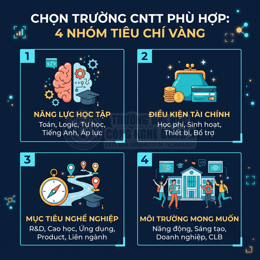 Infographic 4 tiêu chí vàng chọn trường công nghệ thông tin: năng lực học tập, tài chính, mục tiêu nghề nghiệp, môi trường học