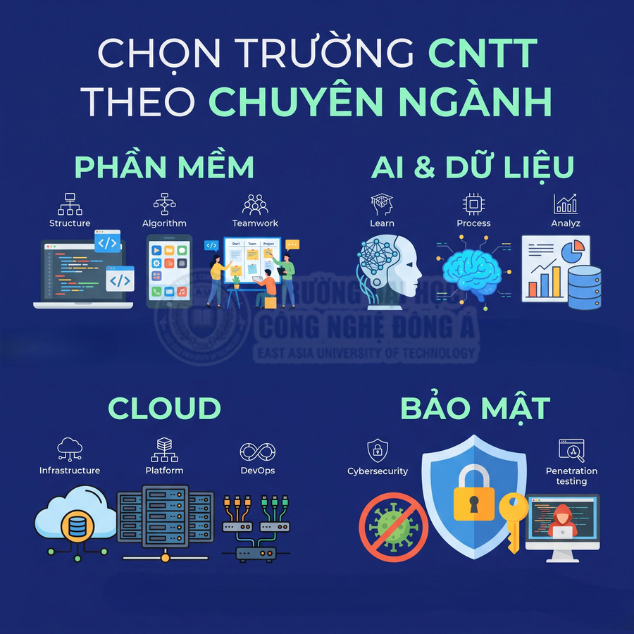 Chọn ngành học CNTT gồm phần mềm, AI và dữ liệu, cloud, bảo mật tại Trường Đại học Công nghệ Đông Á