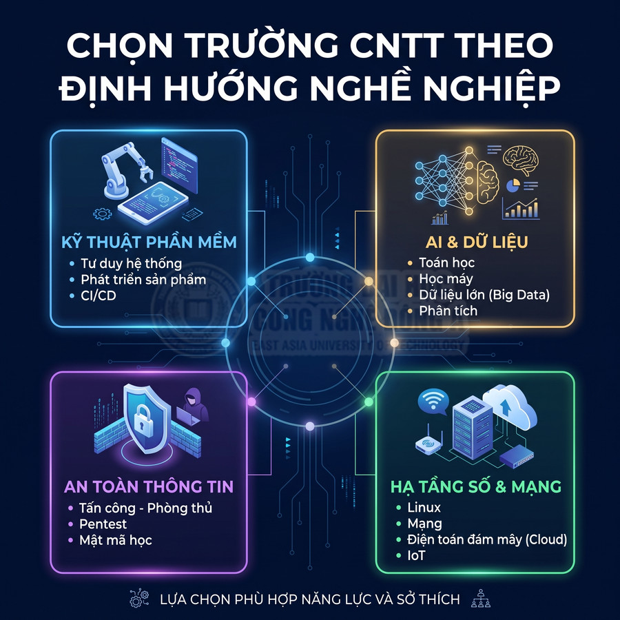 Chọn ngành công nghệ thông tin theo định hướng nghề nghiệp: phần mềm, AI và dữ liệu, an toàn thông tin, hạ tầng số và mạng