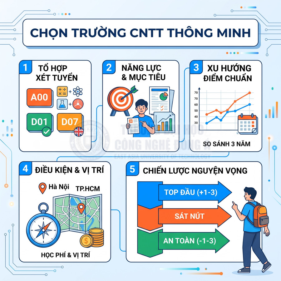 Infographic hướng dẫn chọn trường CNTT thông minh với 5 tiêu chí xét tuyển, năng lực, điểm chuẩn, vị trí và chiến lược nguyện vọng