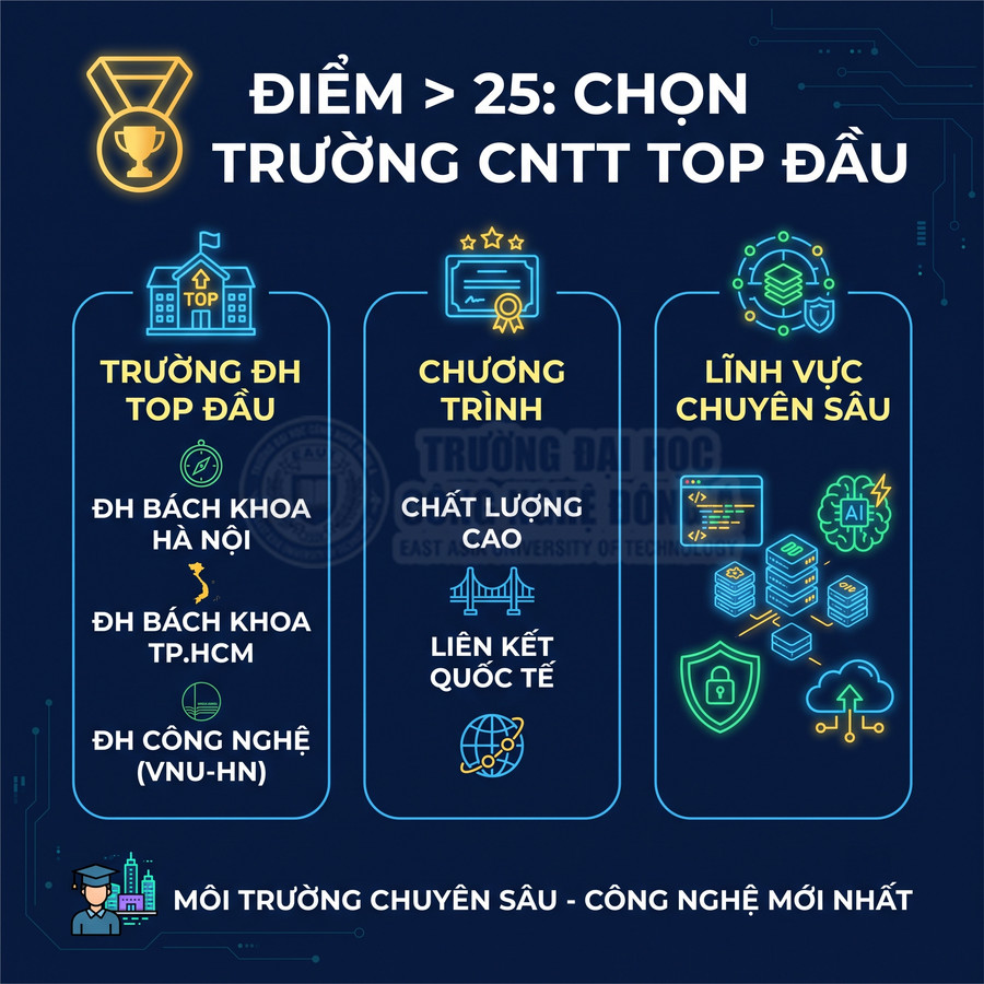 Infographic tư vấn chọn trường CNTT top đầu với các trường Bách Khoa, chương trình chất lượng cao và lĩnh vực chuyên sâu