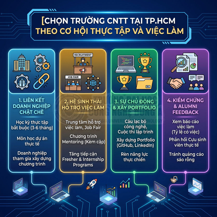 Infographic tiêu chí chọn trường CNTT tại TP.HCM theo cơ hội thực tập và việc làm cho sinh viên