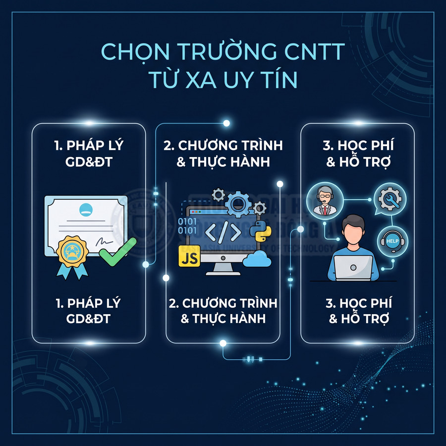 Tiêu chí chọn trường đào tạo CNTT từ xa uy tín về pháp lý, chương trình thực hành, học phí và hỗ trợ