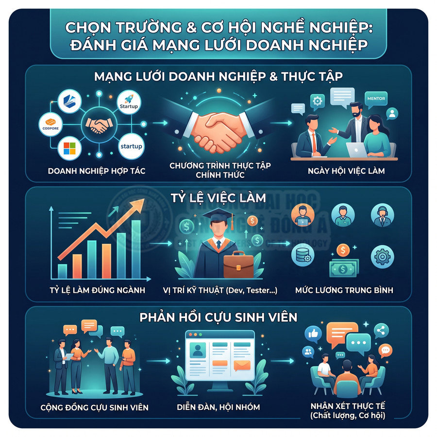 Infographic chọn trường đại học theo mạng lưới doanh nghiệp, tỷ lệ việc làm và phản hồi cựu sinh viên