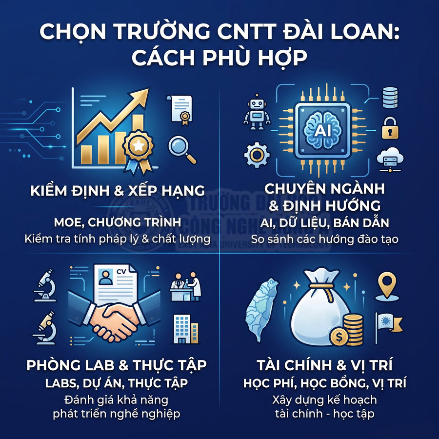 Hướng dẫn chọn trường công nghệ thông tin Đài Loan với tiêu chí kiểm định, chuyên ngành, phòng lab, tài chính và vị trí