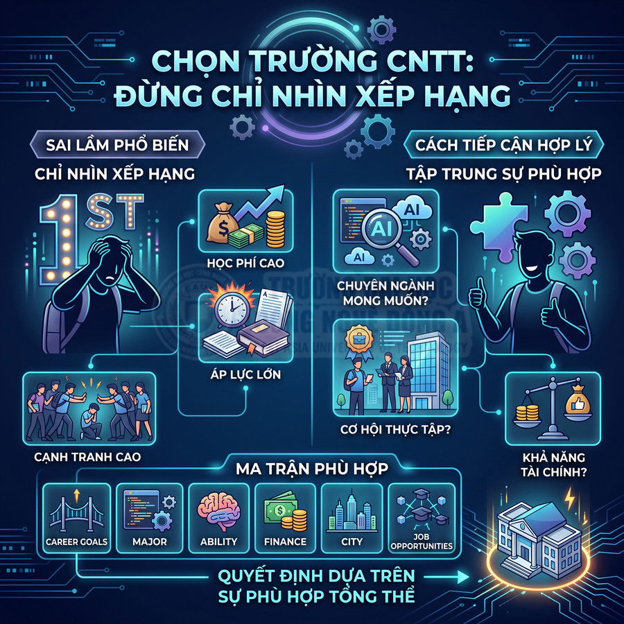 Infographic chọn trường công nghệ thông tin, so sánh sai lầm chỉ nhìn xếp hạng với tiêu chí phù hợp tổng thể