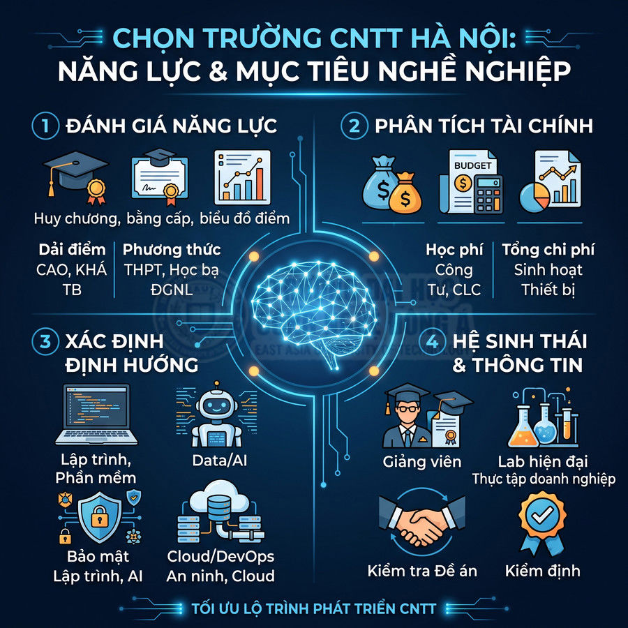 Infographic chọn trường CNTT Hà Nội theo năng lực tài chính định hướng nghề nghiệp và hệ sinh thái đào tạo