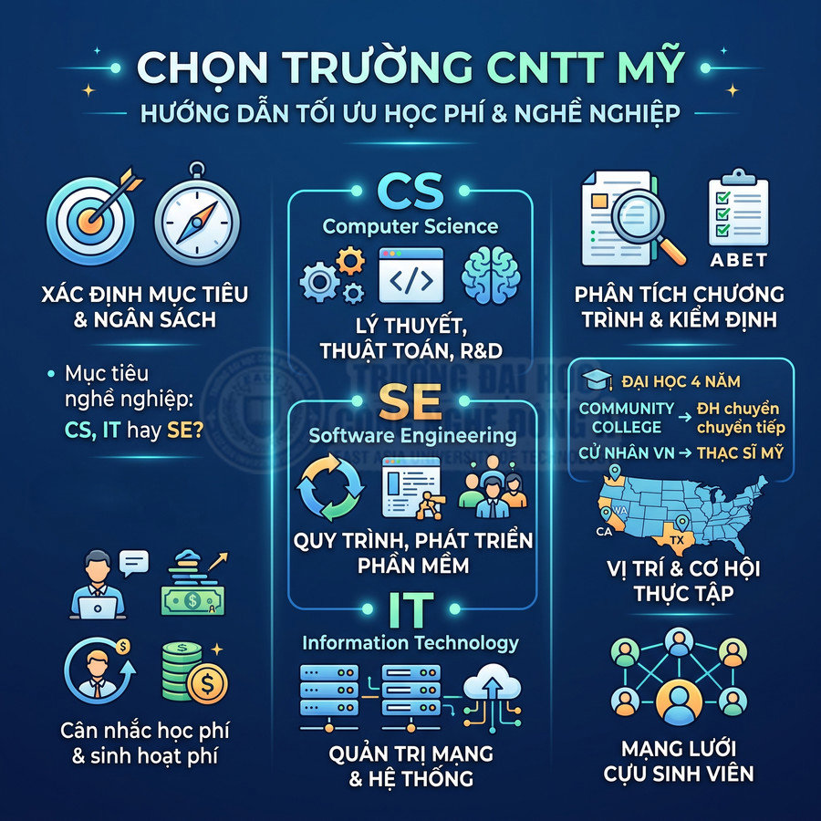 Infographic hướng dẫn chọn ngành CS SE IT khi du học Mỹ ngành CNTT tối ưu học phí và cơ hội nghề nghiệp