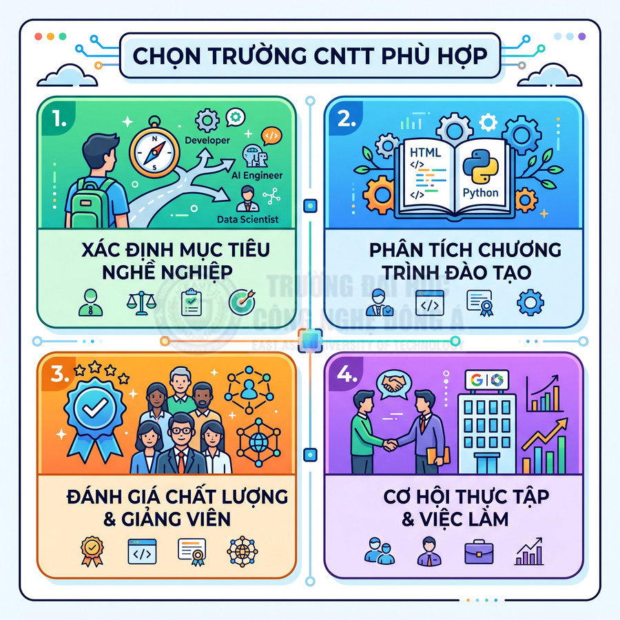 Infographic chọn trường CNTT phù hợp với các bước xác định mục tiêu, phân tích chương trình, đánh giá giảng viên và cơ hội việc làm