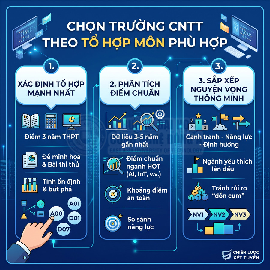 Infographic hướng dẫn chọn trường công nghệ thông tin theo tổ hợp môn, phân tích điểm chuẩn và sắp xếp nguyện vọng
