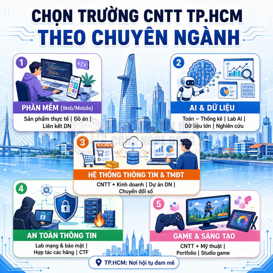 Infographic các chuyên ngành CNTT tại TP HCM gồm phần mềm, AI dữ liệu, hệ thống thông tin, an toàn thông tin, game sáng tạo
